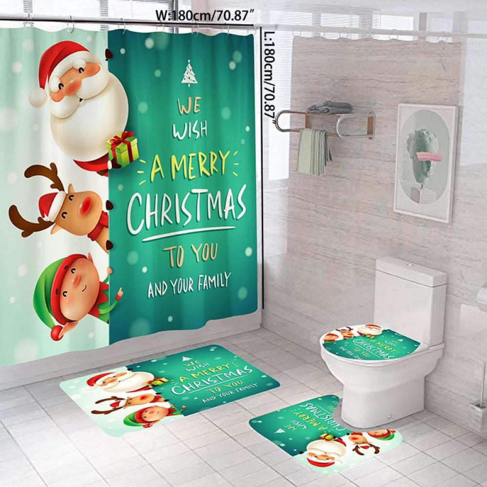Details about   Merry Christmas Shower Curtain Bathroom Anti-slip Rug Toilet Cover Mat Sets 