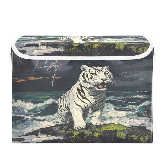 Storage Box With Lid 16.5x12.6x11.8In Foldable Stacked Household Storage Box White Tiger