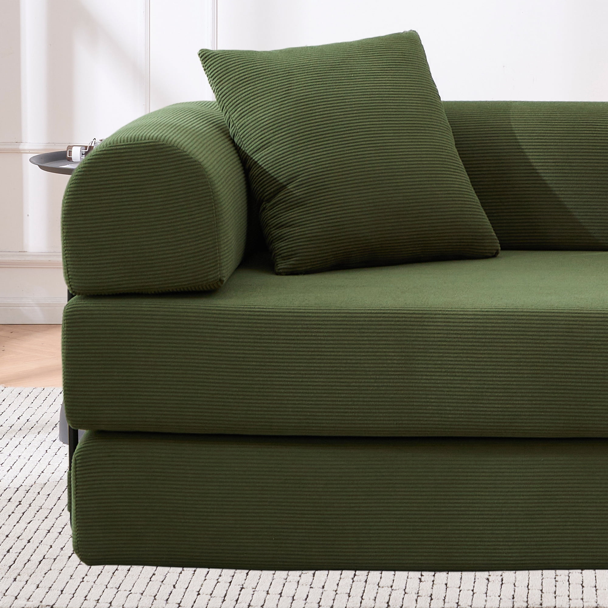 Leumius 4‑in‑1 Futon Sofa Bed,Modular Corduroy Sofa Couch with Fixed-Shape Frame & Removable Armrests,Folding Mattress Couch for Living Room, Office, Apartment,Green