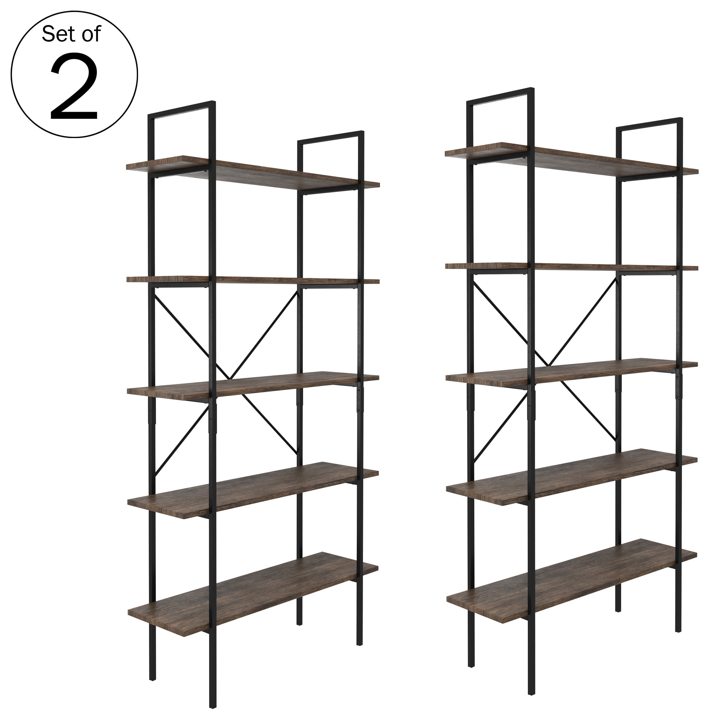 Lavish Home 5-Tier Bookshelf Industrial Style Freestanding Wooden Bookcases, Brown Woodgrain, Set of 2