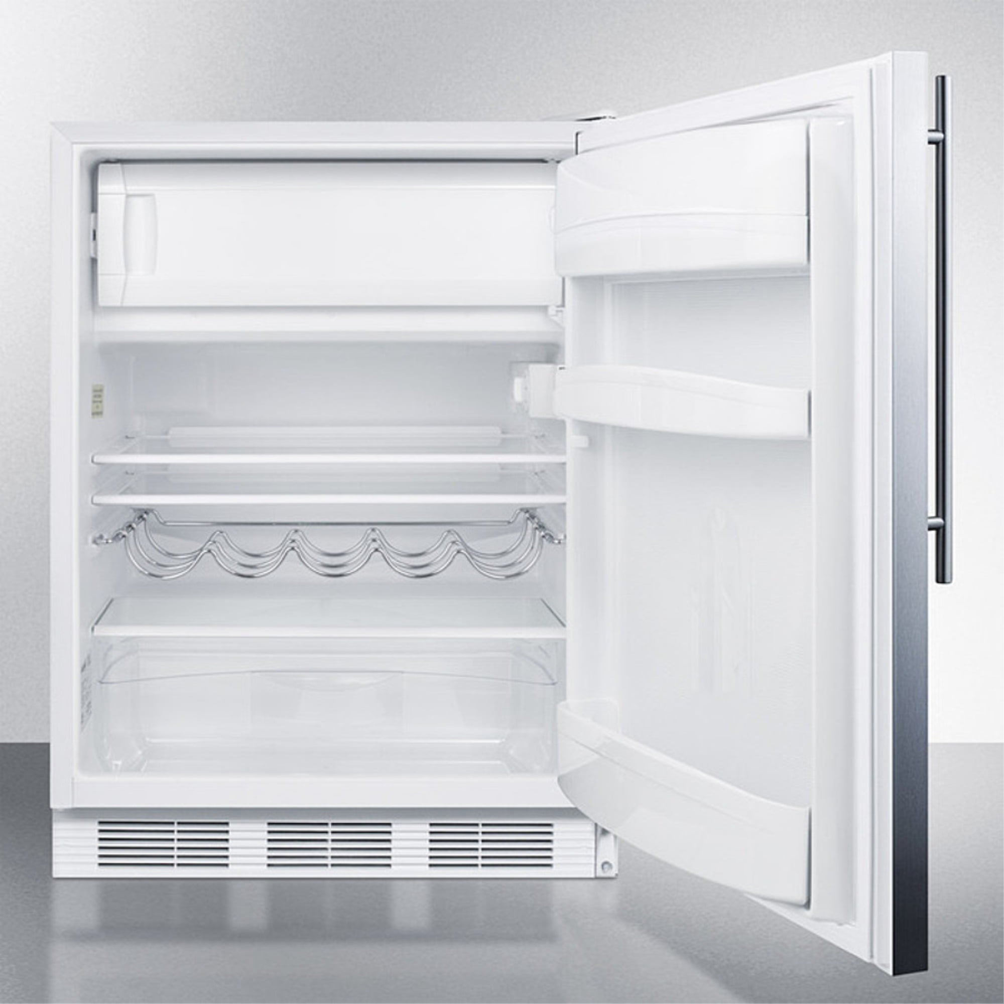 Built-in undercounter refrigerator-freezer for residential use, cycle defrost w/deluxe interior, stainless steel wrapped door, thin handle, and white cabinet
