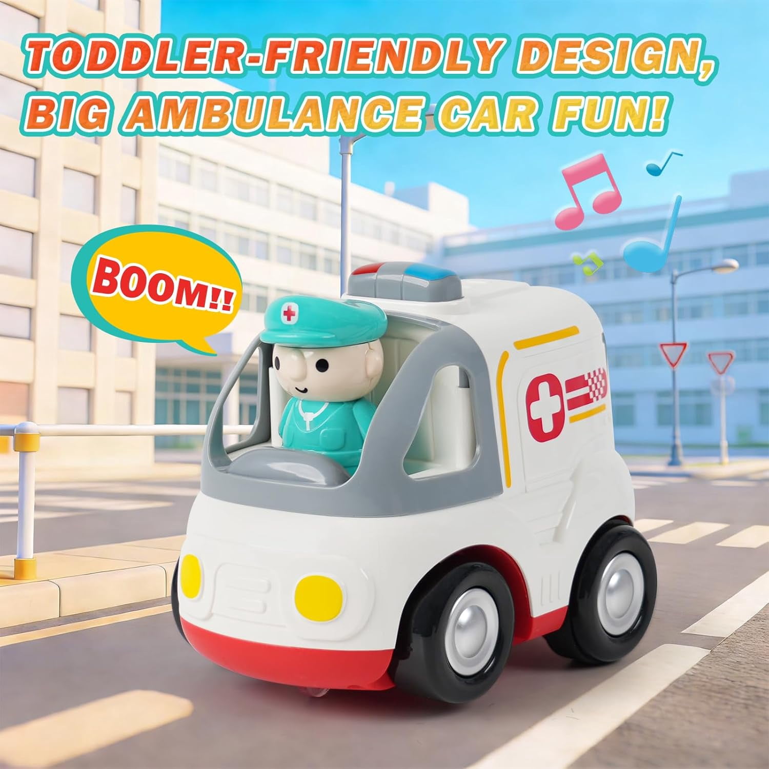 HYPERLIVING Remote Control Car for Kids - Cartoon RC Ambulance Toy for Toddlers 18+ Months, Ages 2 3 4 5 Years Old, Birthday Gifts for Boys with Lights & Sounds & Music