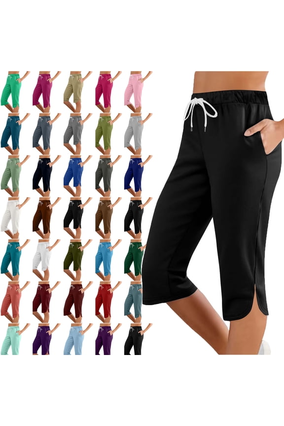 Womens Capri Solid Color Printing Elastic Waist Sports Casual Capris Pants With Side Pockets Lightweight Hiking Pants Outdoor Athletic Plus Size Capri for Women