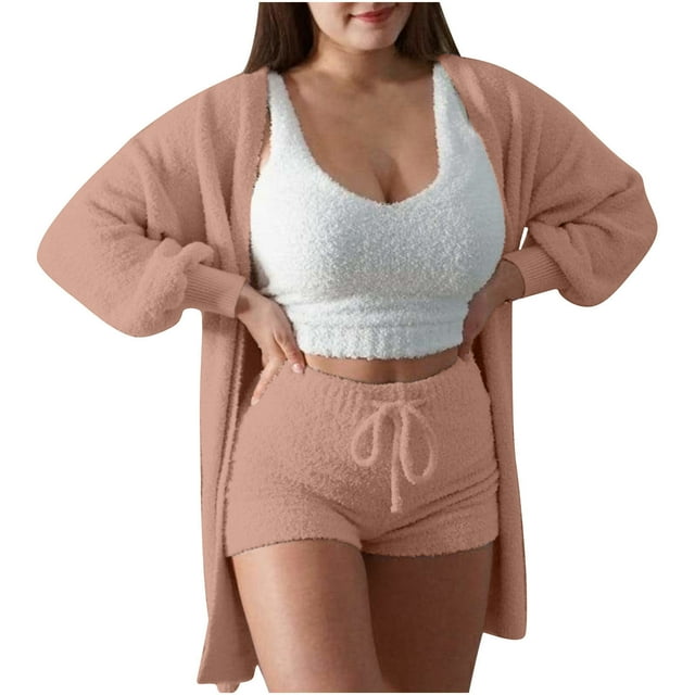 FAIWAD Ensemble 3 Pcs pour Femme Cardigan Court en Molleton Doux et Short Pyjama d'Hiver Ensemble de Détente Chaud