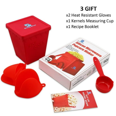 Microwave Popcorn Popper, Hot Air Silicon Popcorn Maker, Healthy No Oils Needed, BPA, PVC Free, Including 3 gifts: Measuring Cup, Heat Resistant Glove, Recipe Booklet. By