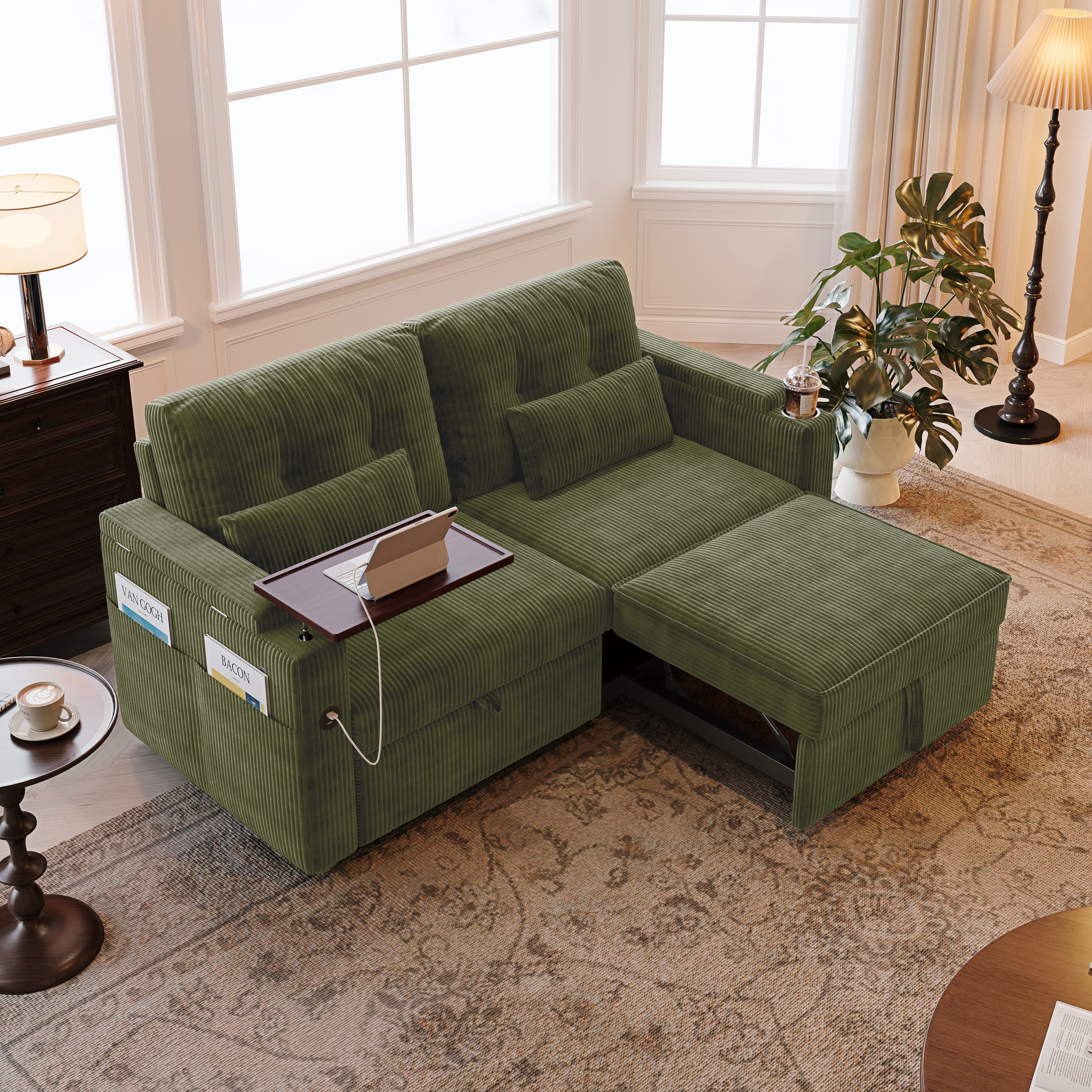 Aukfa 73" 3-in-1 Convertible Sleeper Sofa Bed, Corduroy Pull-Out Couch with 360° Swivel Side Table, USB Ports & Storage Armrests, Oversized Queen, Green