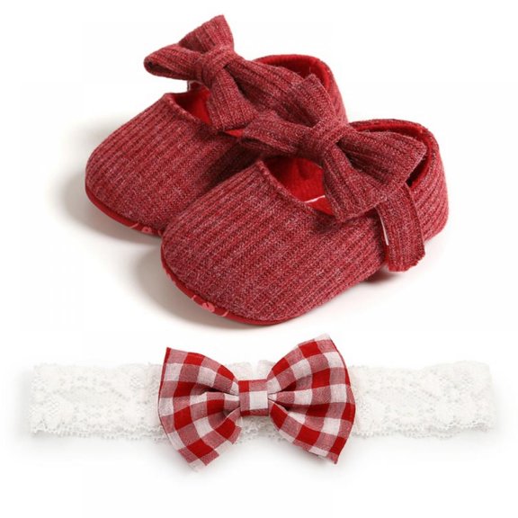 Baby Girls Mary Jane Flats with Bowknot Headband Infant Floral Princess Dress Soft Sole Crib Shoes Non-Slip for Toddler First Walkers Infant Crib First Walker Prewalker for 0-18M