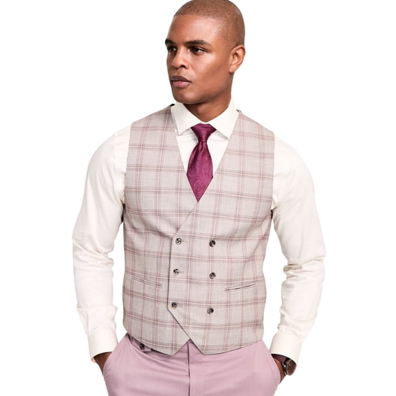 Tayion Mens Regular fit Double Breasted Button-Up Suit Vest Large Beige Plaid