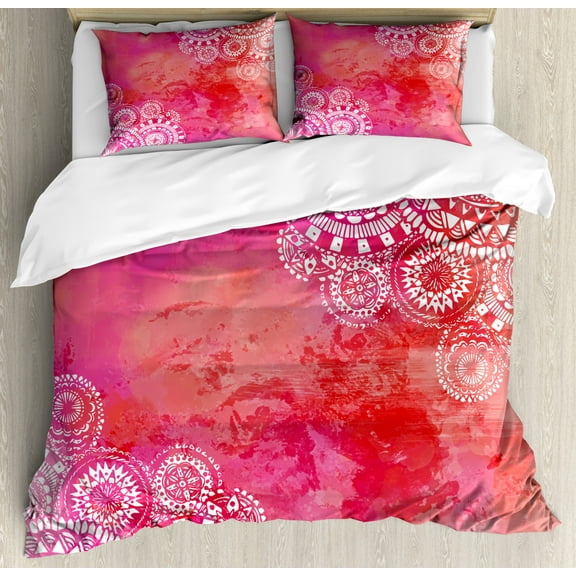 Mandala Duvet Cover Set Queen Size, Pink Watercolor Paint Background with White Hand Drawn Doodles Asian Motifs, Decorative 3 Piece Bedding Set with 2 Pillow Shams, Pink Coral White, by Ambesonne