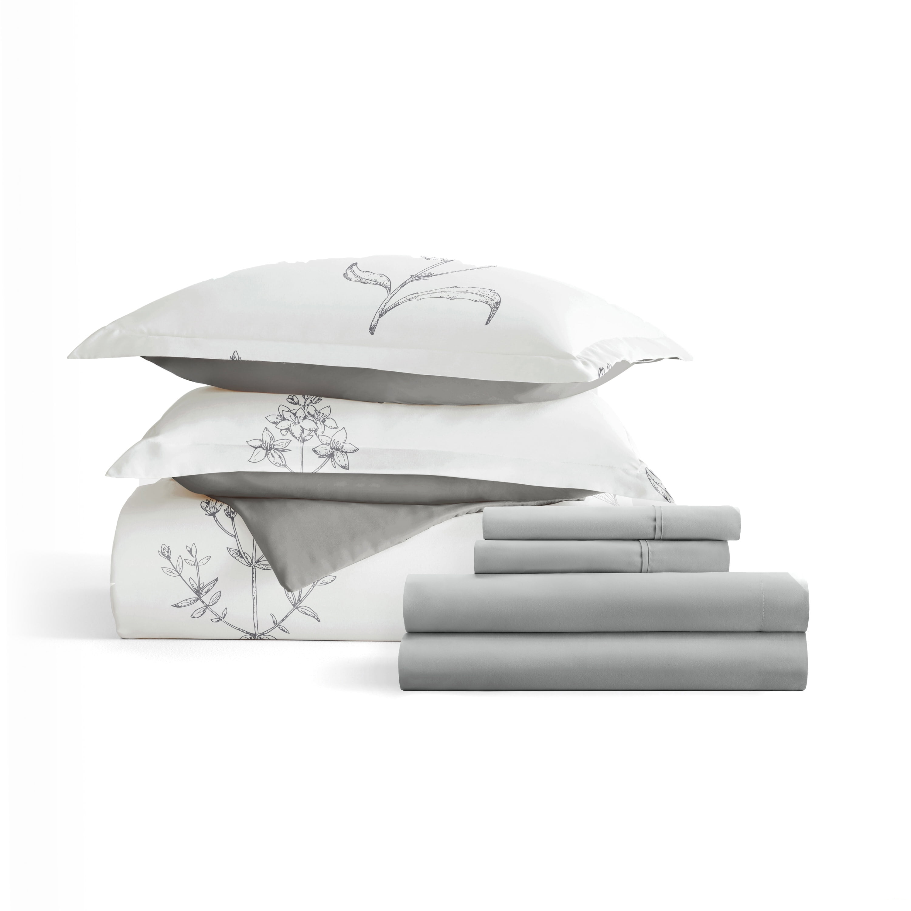 Noble Linens 7 Piece Patterned Duvet Bedding Bundle, Botany Floral Gray, Twin