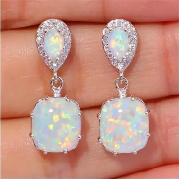 Princess Cut Blue/White Opal Ear Studs Womens White Gold Filled Wedding Earrings