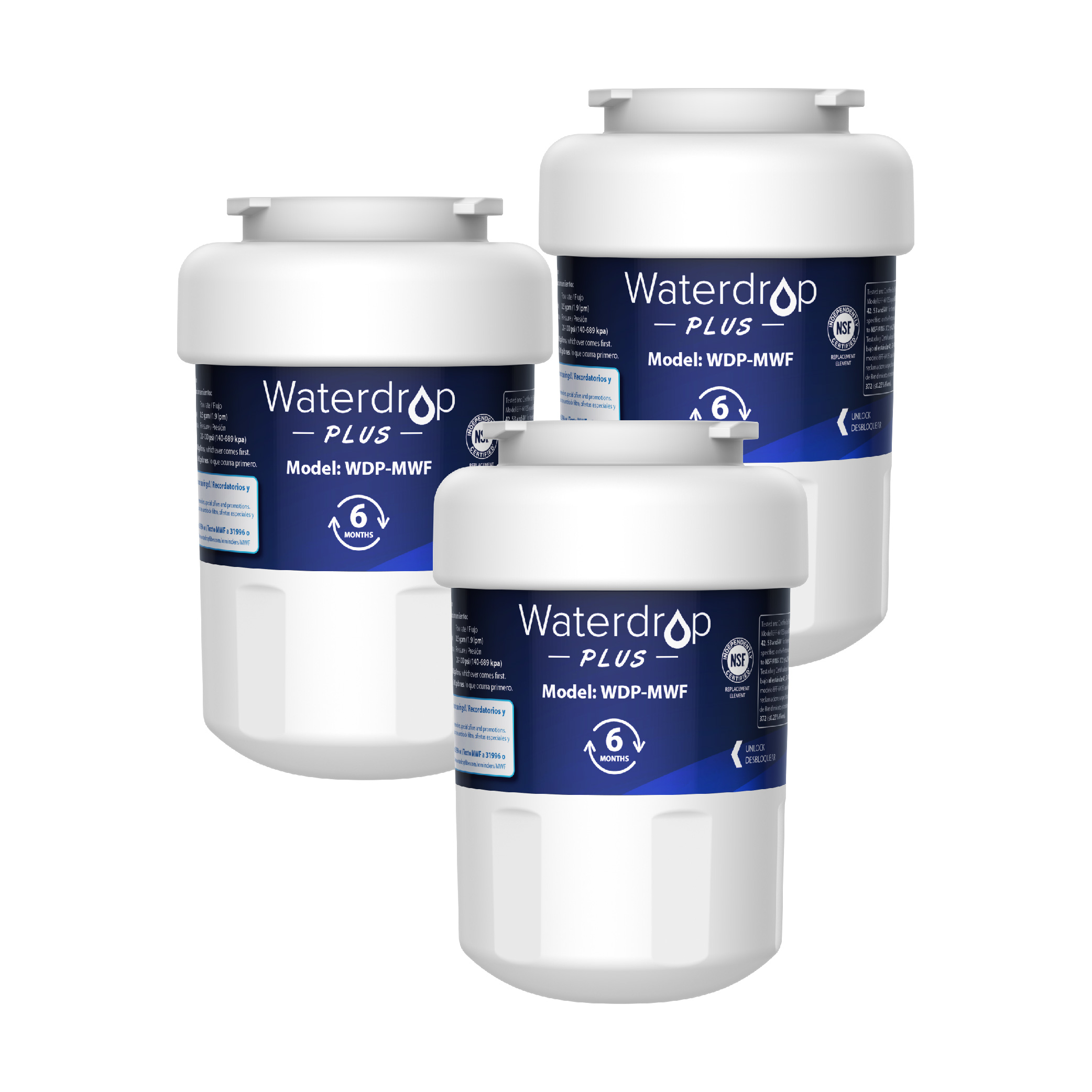 Waterdrop NSF 401&53&42 Certified Refrigerator Water Filter, Replacement for GE® MWF, MWFP, MWFA, GWF, GWFA, SmartWater, Kenmore 9991, 46-9991, 469991, 3 Pack - image 1 of 6