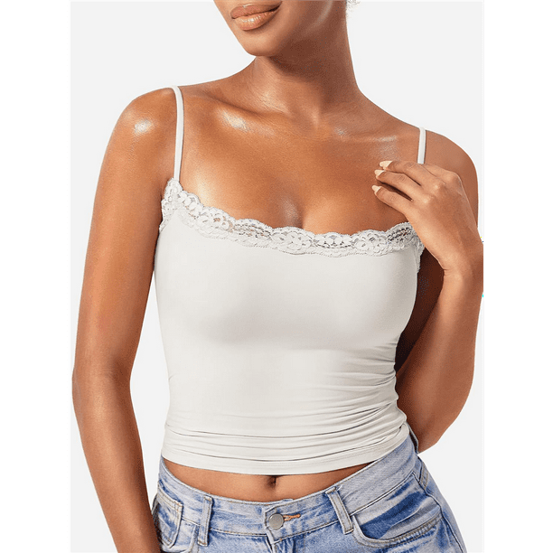 Camisola Básica de Encaje para Mujer, Cuello Cuadrado, Sin Mangas, Tirantes Finos Crema S