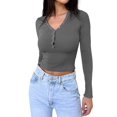 thumbnail image 3 of Womens Long Sleeve Shirts Fall Clothes Henley Tops Business Casual Ribbed Blouses Fashion Trendy Outfits Dark Gray XL, 3 of 8