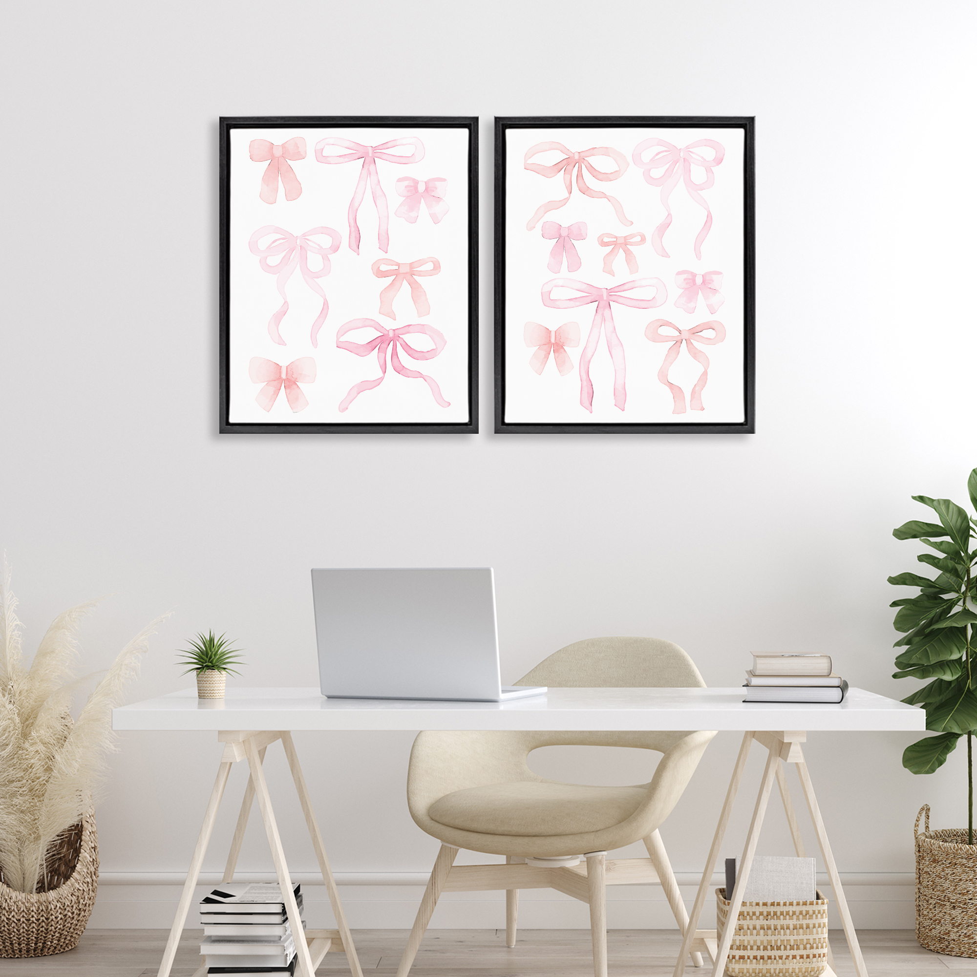 Elegant & Soft Bows 2 Piece Black Framed Floater Canvas Set, design by Kim Allen