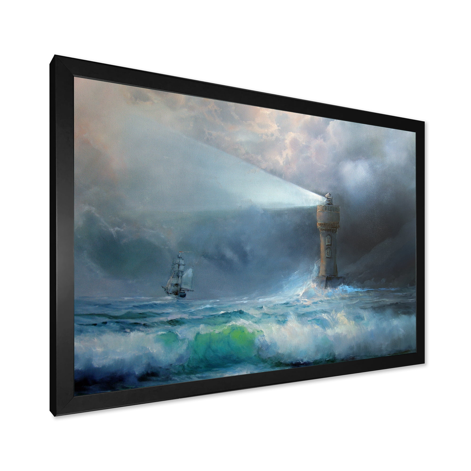 Lighthouse Shining Light During Stormy Clouds Night II 32 in x 24 in Framed Painting Canvas Art Print, by Designart