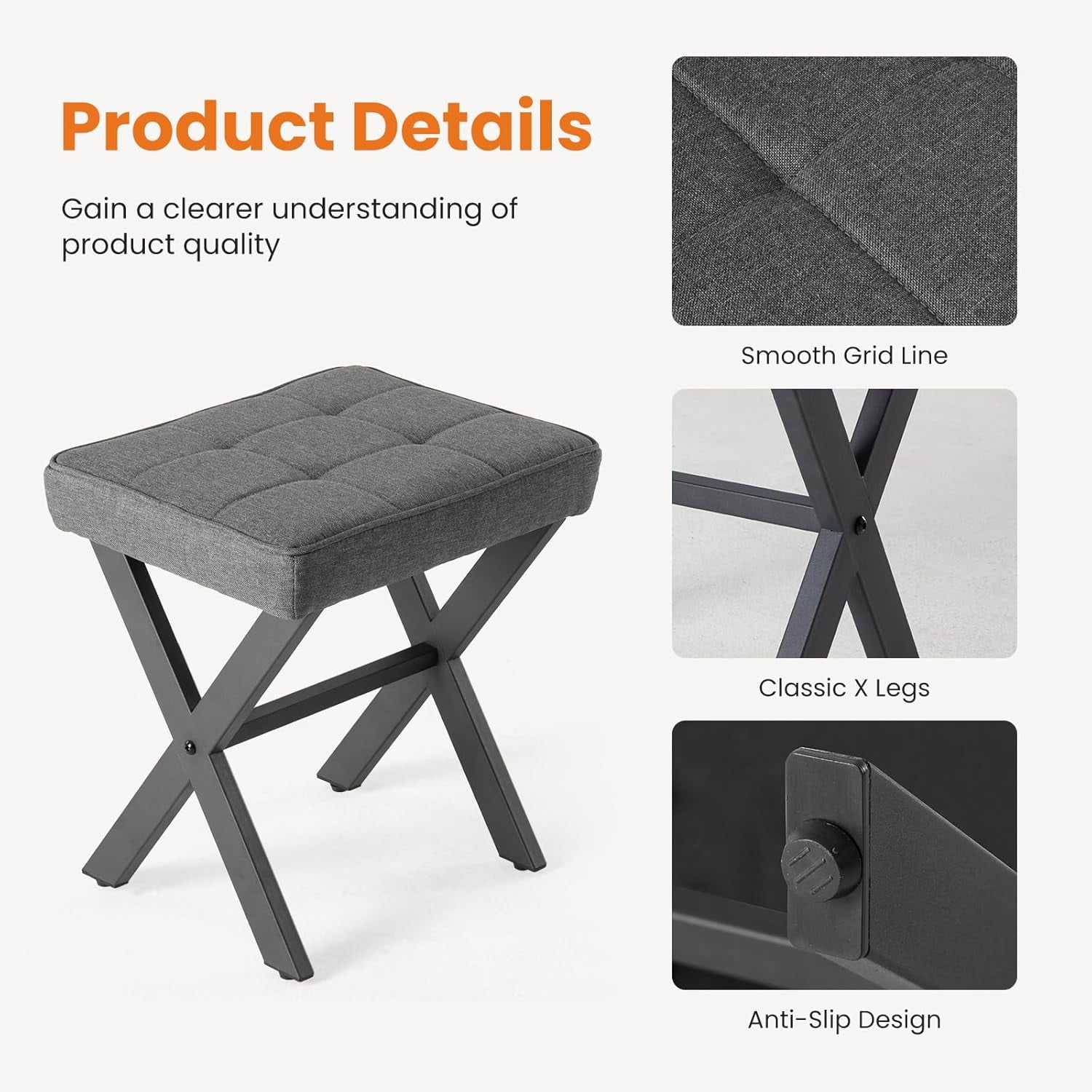 Linen Ottoman, 18" Makeup Vanity Stool, Small Square Padded Footrest for Bedroom, Living Room,Gray
