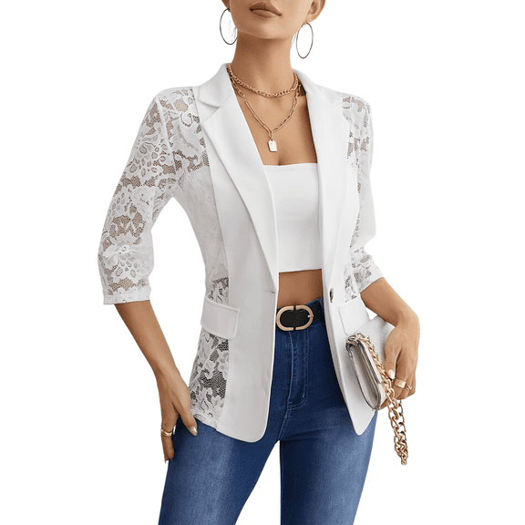 Women's Fashion Lace Jacket Elegant Casual Outerwear White XL