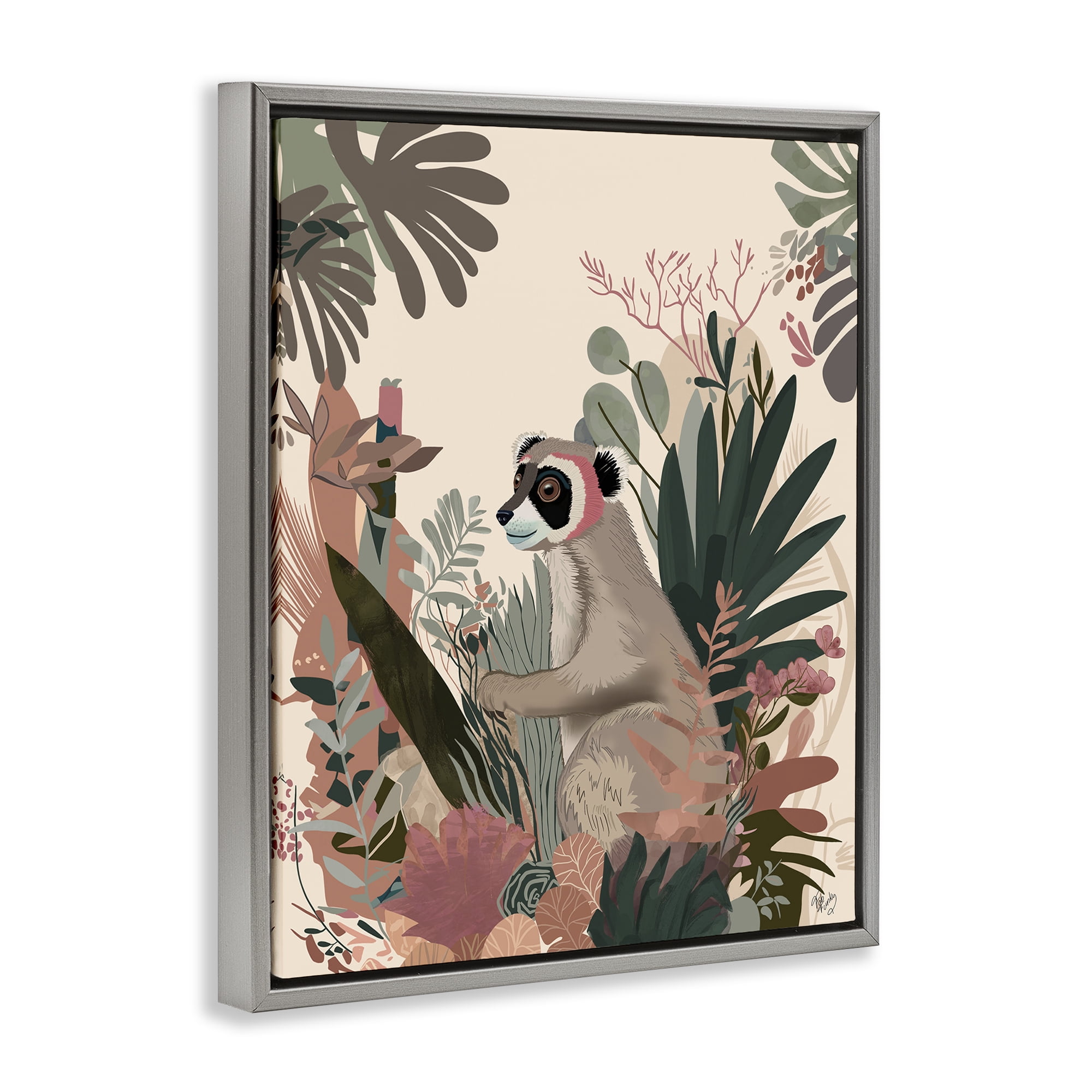 Stupell Industries Happy Lemur & Plants Animals & Insects Painting Gray Floater Framed Canvas Art Print Wall Art, 17 x 21
