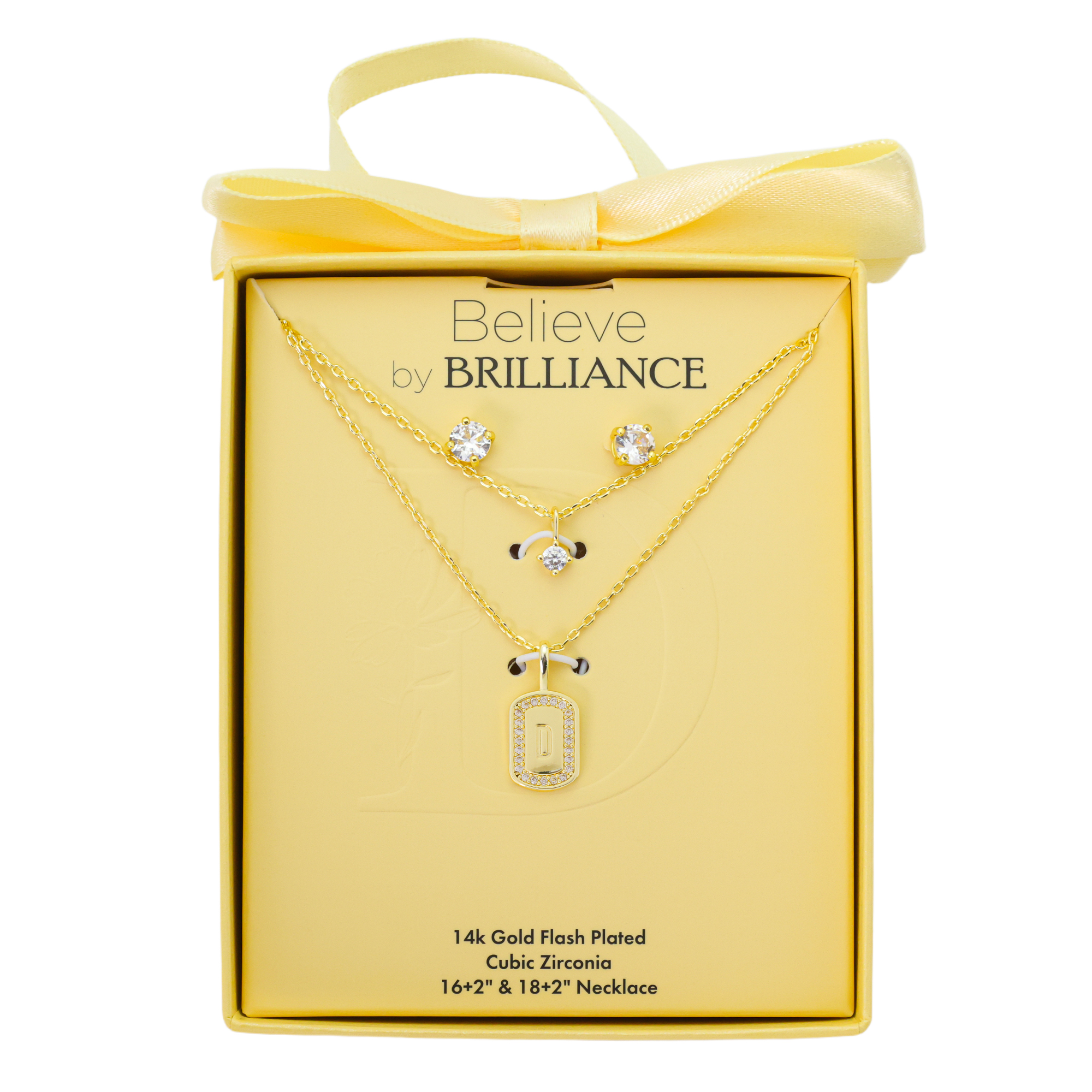 Believe by Brilliance Women's 14Kt Gold Flash Plated Cubic Zirconia Double Layer Tag "D" Necklace and Earring Set