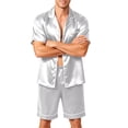 thumbnail image 2 of Premium Soft Satin Silk Set For Men Short Sleeve Button Front Top Loose Shorts Two Piece Loungewear With Pockets White S, 2 of 6