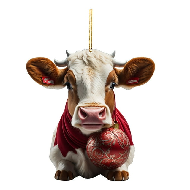 Huanglei 2D Acrylic Cartoon Fun Christmas Cow Christmas Tree Ornament Acrylic Christmas Cartoon Cute Cow Ornament Double Print White Elephant Gift Ornament