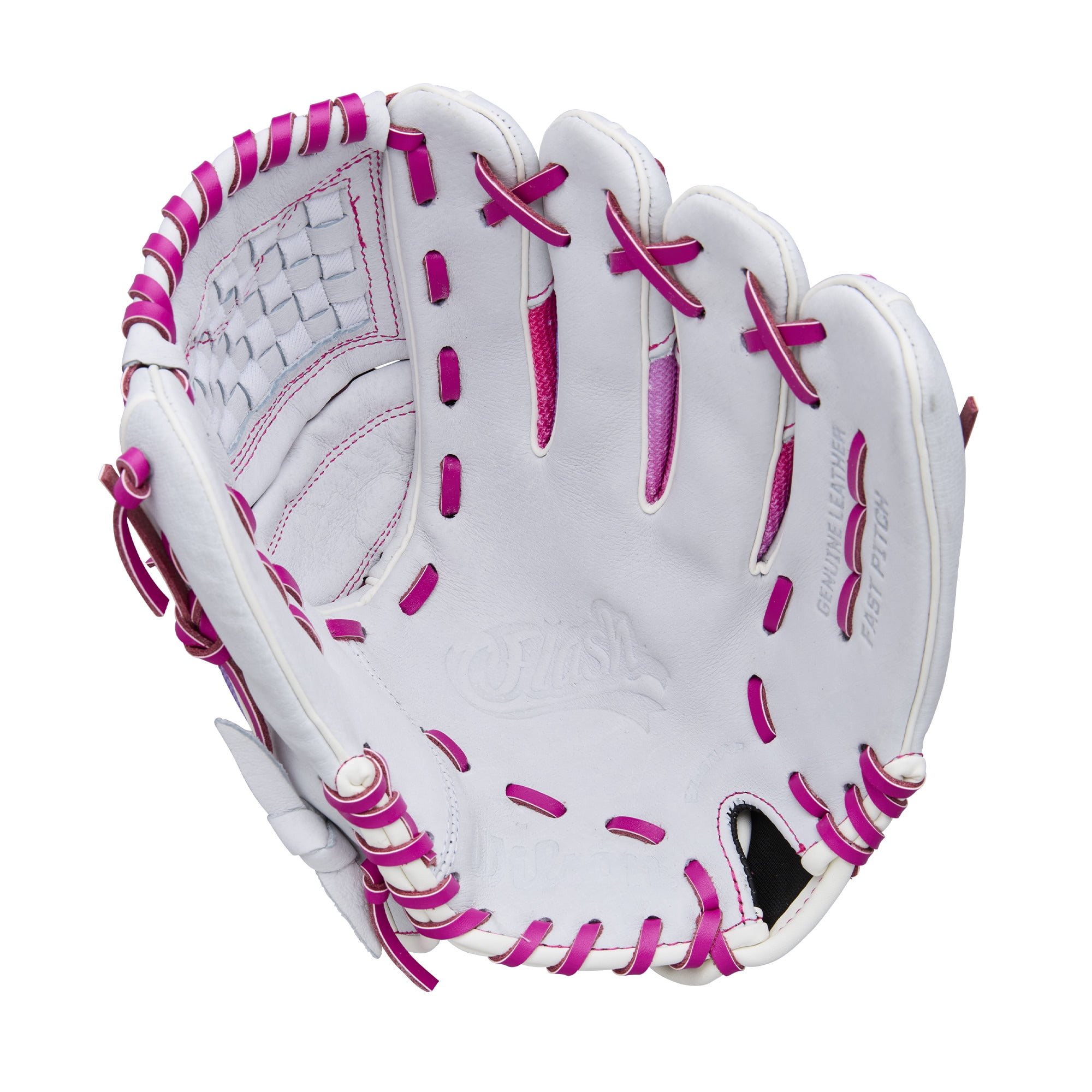 Wilson 2026 Flash™ 11.5" Youth Fastpitch Glove - White/Flamingo Pink/Blue, Right Hand Throw