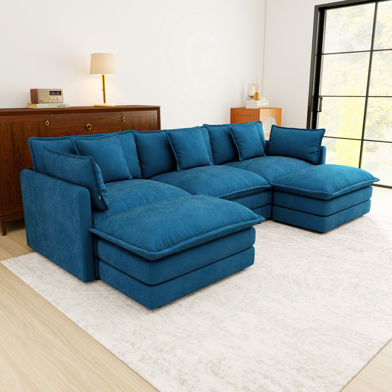 111.5” Blue Modular Sofa, 3 Seater U Shaped Chenille Sectional for Living Room, Cloud Couch with Ottoman, Sofá moderno
