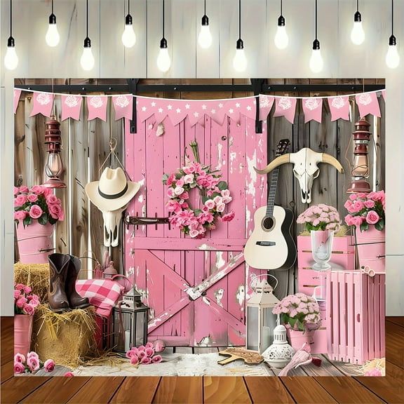 Western Cowgirl Backdrop Wild West Pink Barn Door Photography Background Rustic Farmhouse Retro Hat Pink Floral Cowgirl Birthday Baby Shower Party Decorations Banner Supplies Photo Booth Props