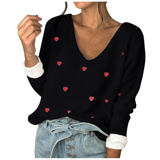 Gibobby Suéter de invierno para mujer, Suéteres de manga larga con cuello en V para mujer, suéter de punto de cachemira(Negro,M)