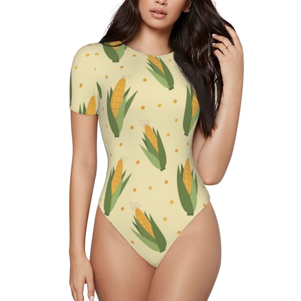 Fotbe Yellow Corn Body de Mujer con Cuello Redondo y Mangas Cortas, Sin Mangas Ajustado, Suave, Cómodo y Básico-X-Large