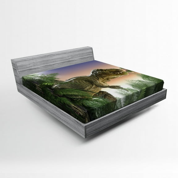 Jurassic Fitted Sheet, Dinosaur in the Jungle Trees Forest Nature Woods Scary Predator Violence, Decorative Soft Bedding All-round Elastic Pocket, Full Size, Green Blue Peach, by Ambesonne