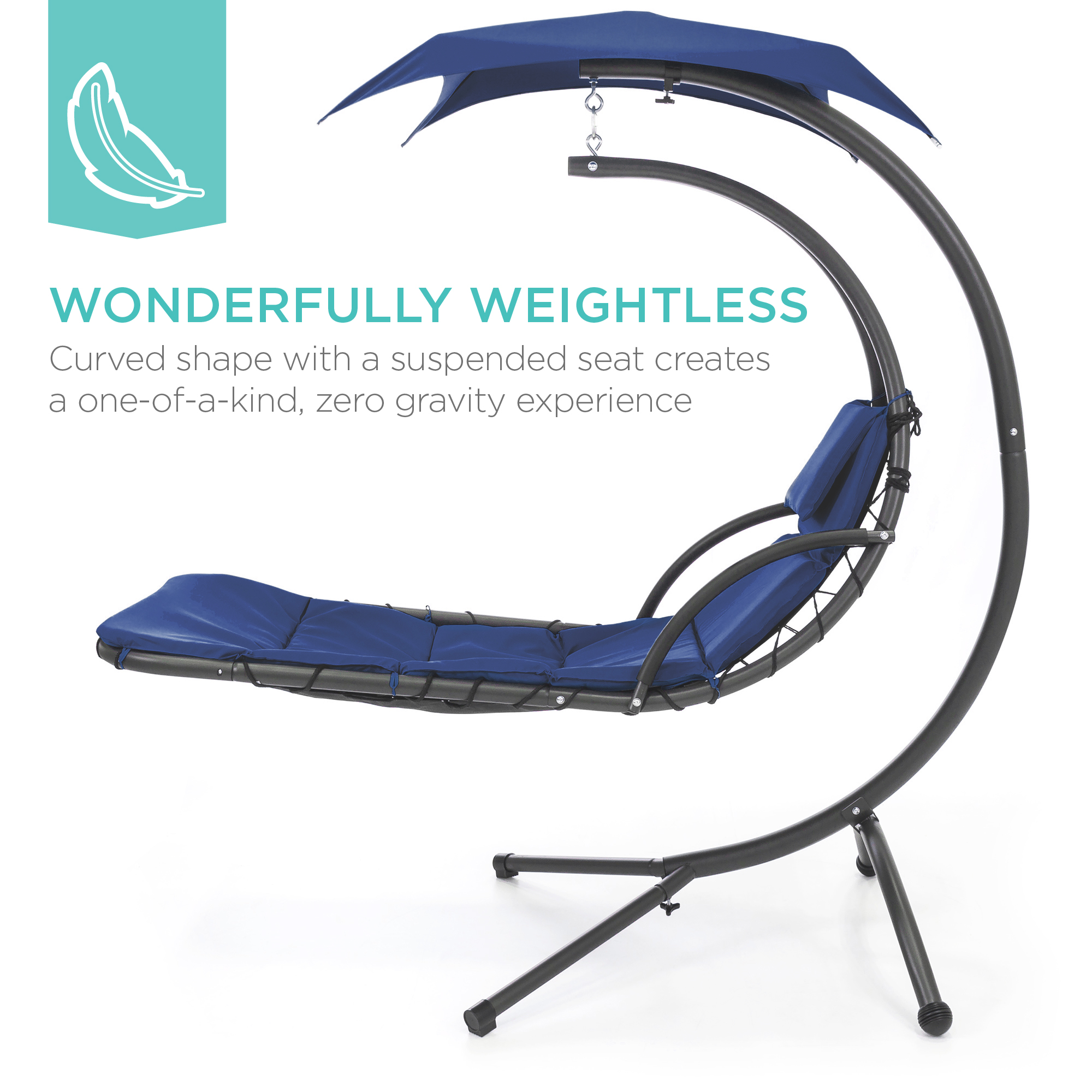 Best Choice Products Hanging Curved Chaise Lounge Chair Swing for Backyard, Patio w/ Pillow, Shade, Stand - Navy Blue - image 3 of 8