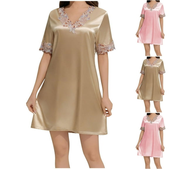 Women Satin Nightgown Short Sleeve Lace Sleepwear Silk Nightshirt V Neck Loungewear Soft Nightdress Pajamas