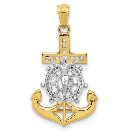 14k Gold Mariners Cross - 14k Yellow Gold Nautical Anchor Ship Wheel Mariners Crucifix Cross Religious Pendant Charm Necklace Mariner