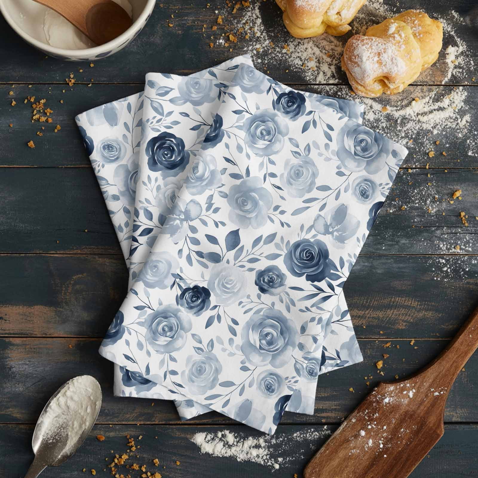 Blue Flowers Kitchen Towels Set of 2, Water Absorbent Dish Towel, Watercolor Rustic Retro Floral Leaf Vines Decorative Hand Towels - Quick Drying Cloth for Cooking Baking, 18x28 Inch