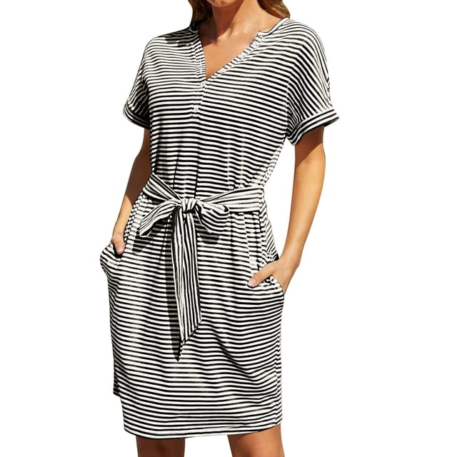 B91xZ Robe d'Été à Manches Courtes pour Femmes Robe Longue Fluide Décontractée avec Poches, Noir S