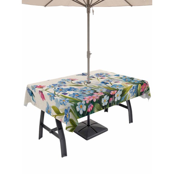 Outdoor Tablecloth with Umbrella Hole for Patio/Picnic/Party/Camping, Blue Spring Floral Waterproof Table Cloth Rectangle Table Cover Washable, Pink Flowers Butterfly Rustic (52"x 70")