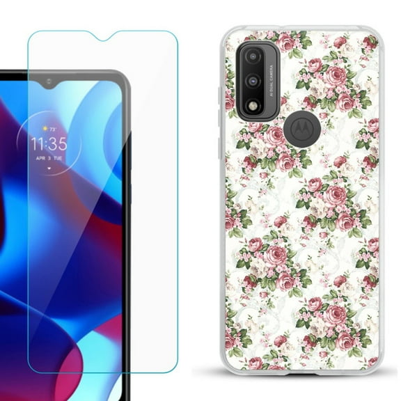 Slim-Fit Gel TPU Phone Case for Motorola Moto G Pure, with Tempered Glass Screen Protector, by OneToughShield ® - Floral/Rose