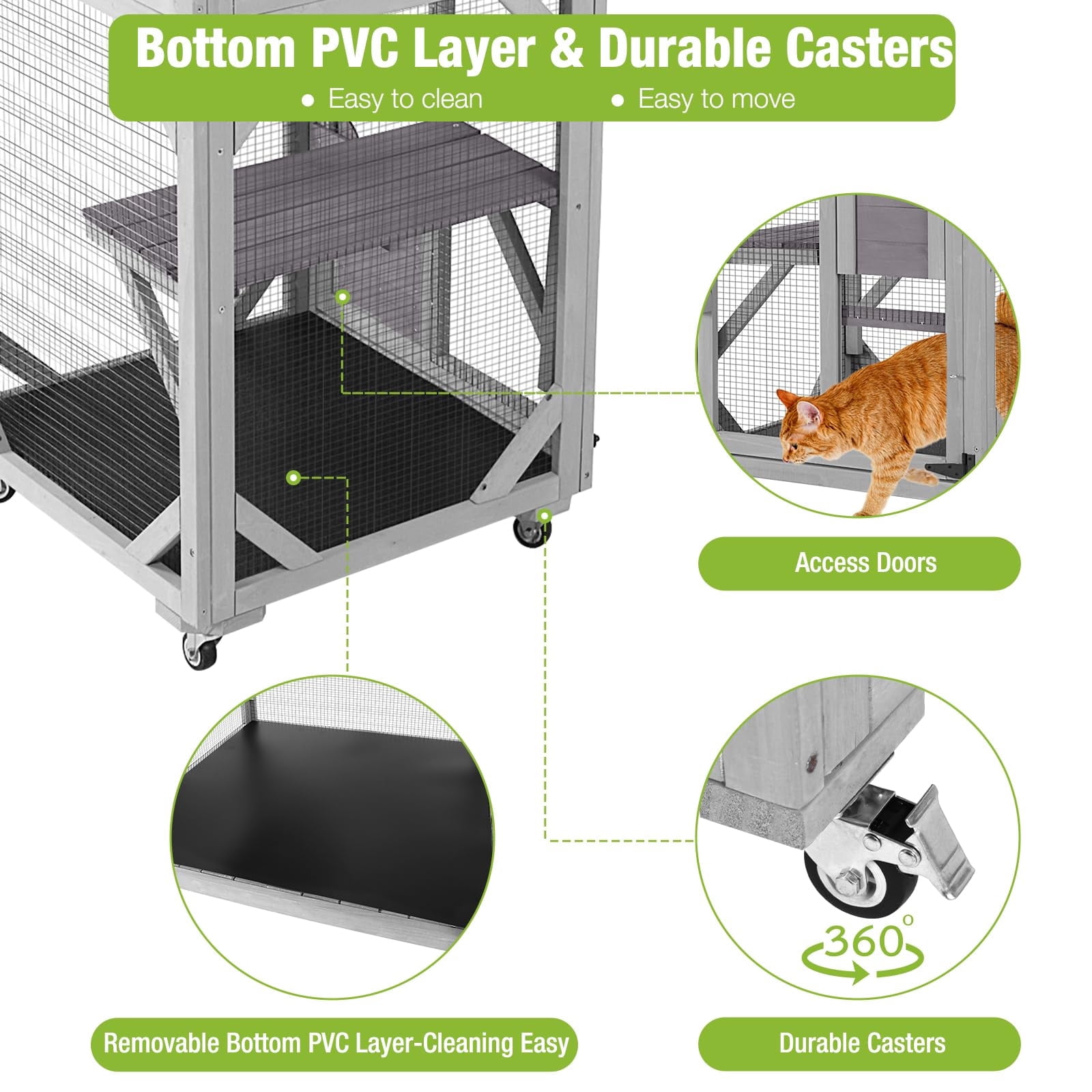 MEDEHOO Catio Outdoor Cat Enclosure on Wheels, Outdoor Cat House with Resting Box, PVC Layer, Waterproof Roof, 62.5"
