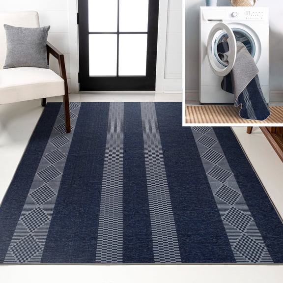 JONATHAN Y WASHABLE 3 x 5 Area Rug, Nautisk Trellis Stripe - Navy/Gray, WSH120A-3