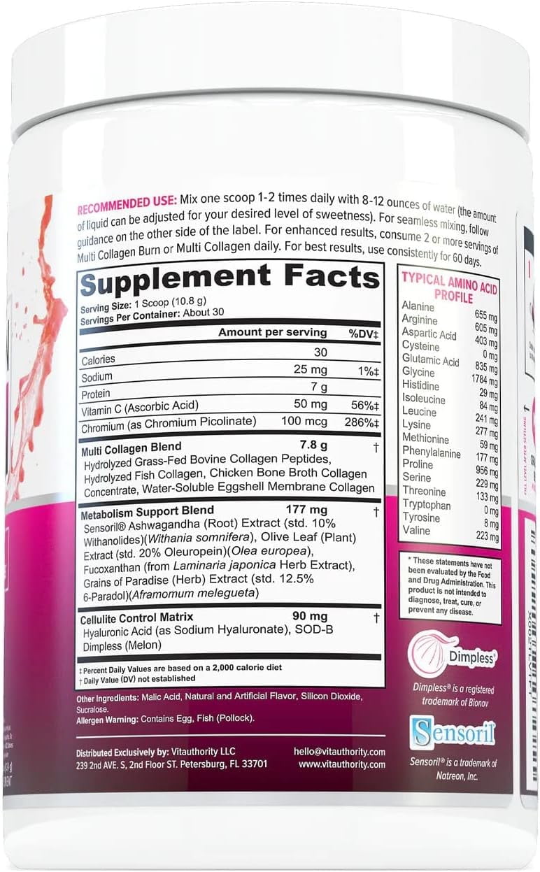 Vitauthority Multi Collagen Peptides Hydrolyzed Collagen Burn Powder, Strawberry Lemonade, 11.4 oz