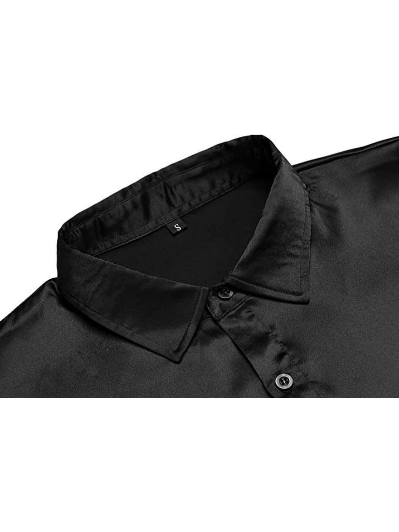 Mens Silk Shirts Long Sleeve-Luxury Shiny Silk Satin Party Dress Shirt  Button Up Casual Muscle Fit for Men(Black,XL)