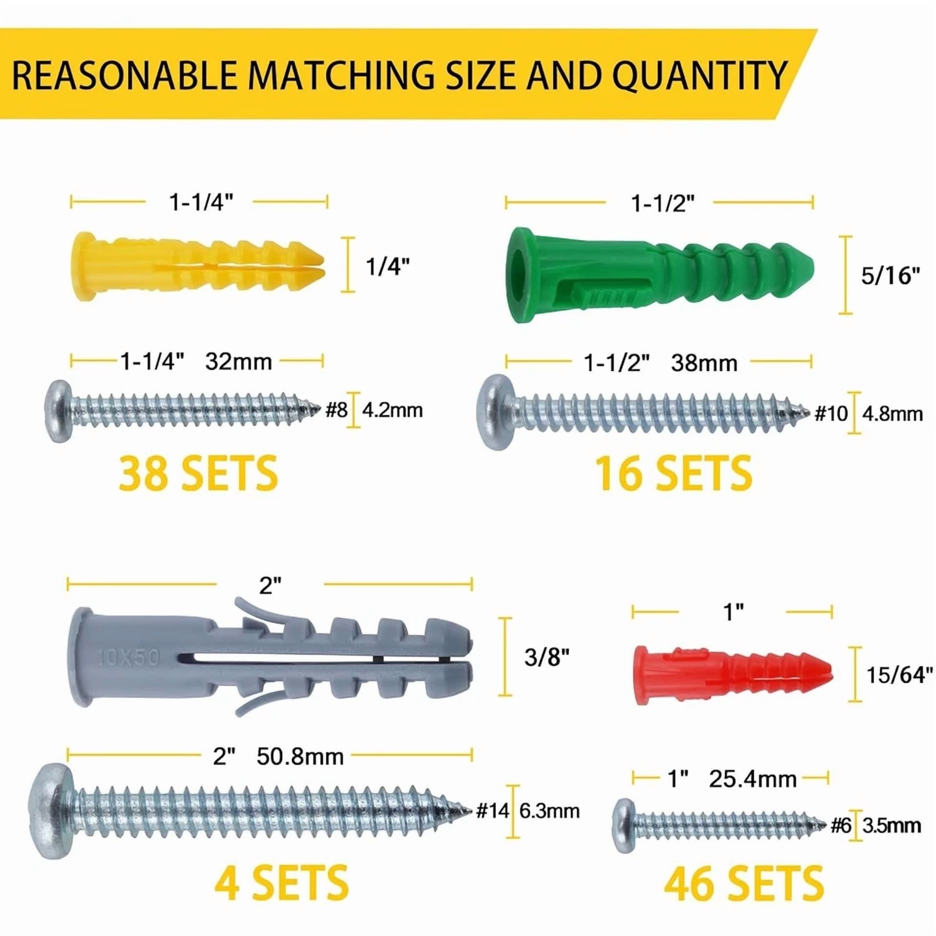 CIRCLE- 208Pcs Drywall Anchors & Screws Kit – 4 Sizes Wall Anchor Assortment
