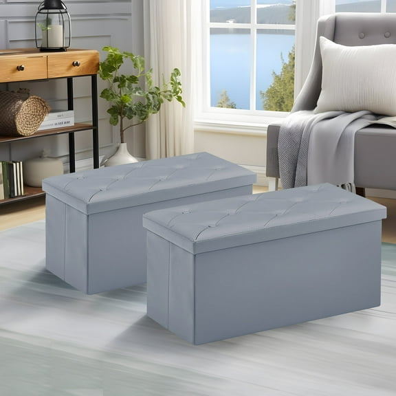 VECELO 30" Folding Storage Ottoman Bench, Set of 2, Faux Leather Footrest Couch for Living Room Bedroom Hallway, Gray