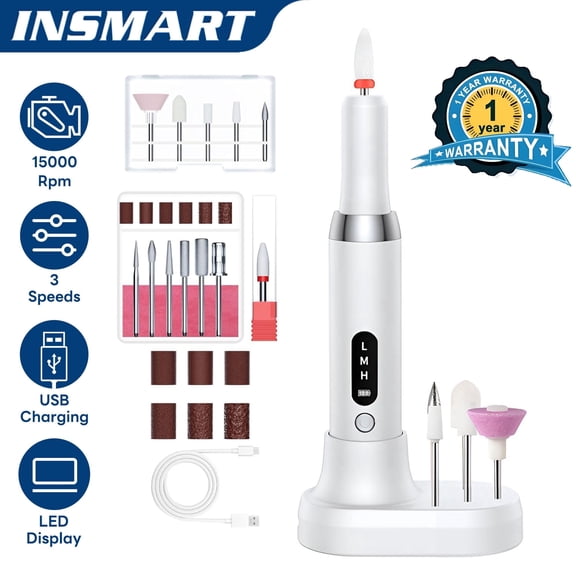 INSMART Electric Nail Drill, Cordless Nail File Kit, Portable Manicure Pedicure Tool with 12 Drill Bits & Wireless Charging Base for Acrylic Gel Nails Polishing Removal
