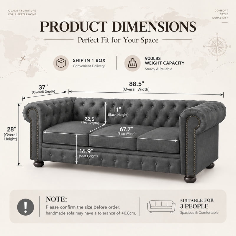 Anpport 81" Rolled Arm Chesterfield Sofa, Faux Leather 3 Seater Couch, Button Tufted, Nailhead Trim & Solid Wood Legs for Living Room & Office, Dark Grey