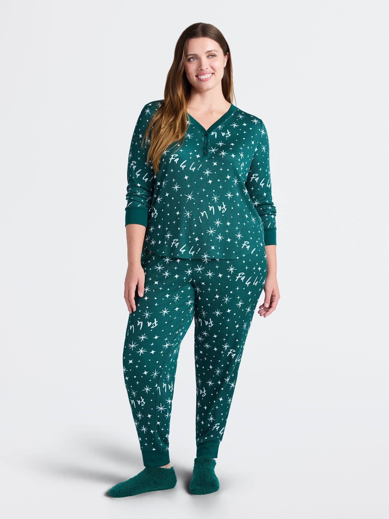 Joyspun Women's Waffle Knit Henley Sleep Top, Joggers and Socks Pajama Set, 3-Piece, Sizes XS-3X