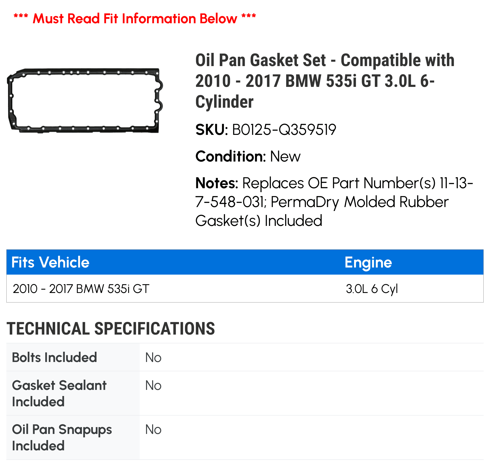 Oil Pan Gasket Set - Compatible with 2010 - 2017 BMW 535i GT 3.0L 6-Cylinder 2011 2012 2013 2014 2015 2016