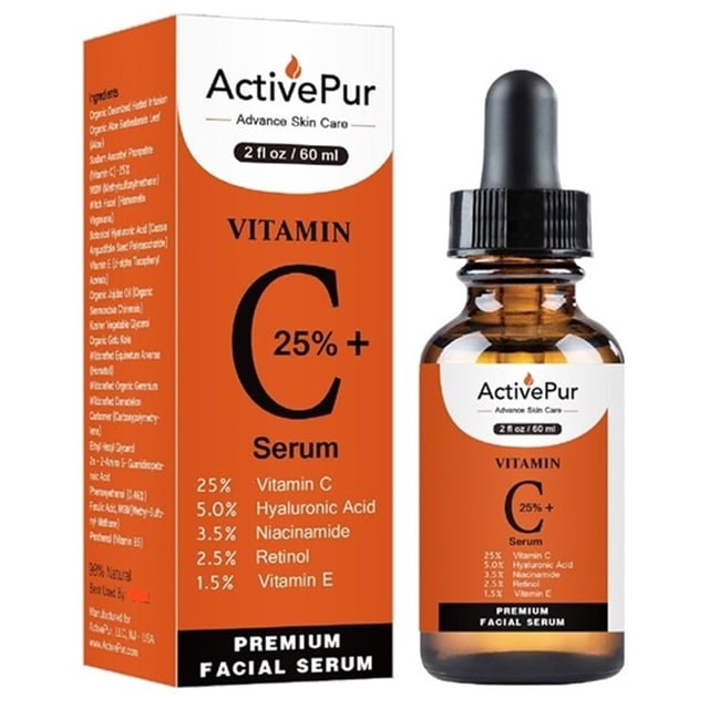 ActivePur 25% Mejor suero de vitamina C para la cara (2 Oz/60 ml) Suero de ácido hialurónico de vitamina E+B5 Retinol facial Ácido ferúlico Niacinamida Colágeno Anti envejecimiento Manchas de la edad